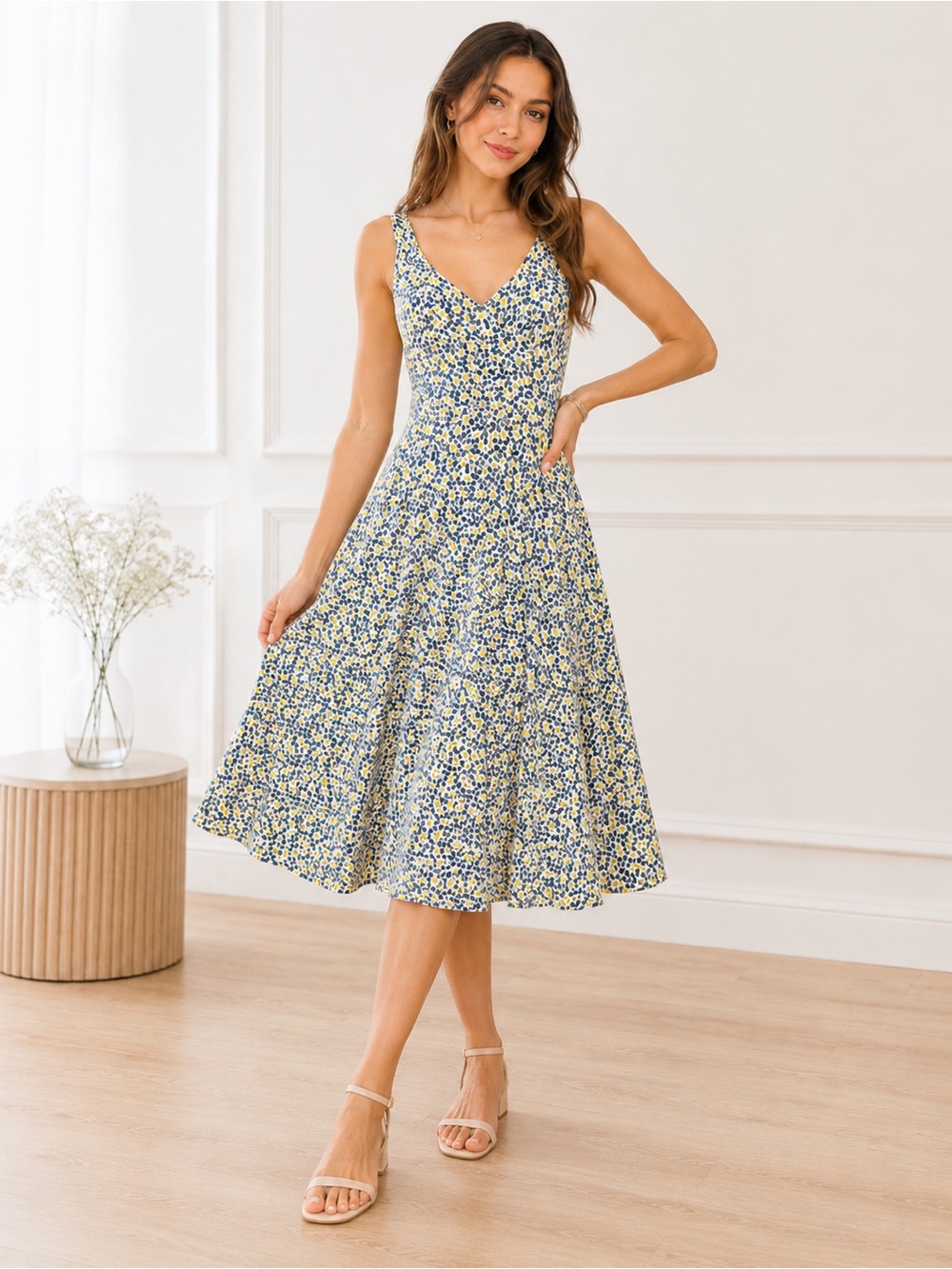 Boden Women Fit Flare Dress US 2R White Blue Yellow Dot Print Sleeveless - Picture 1 of 11